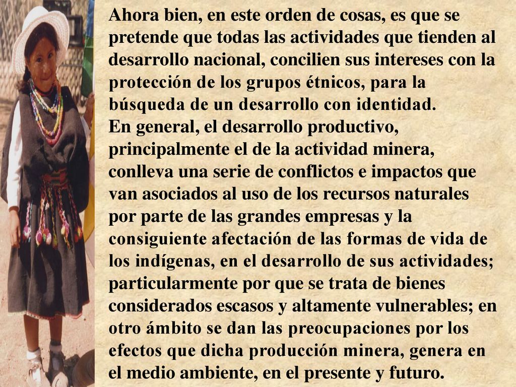 Ahora bien, en este orden de cosas, es que se pretende que todas las actividades que tienden al desarrollo nacional, concilien sus intereses con la protección de los grupos étnicos, para la búsqueda de un desarrollo con identidad.