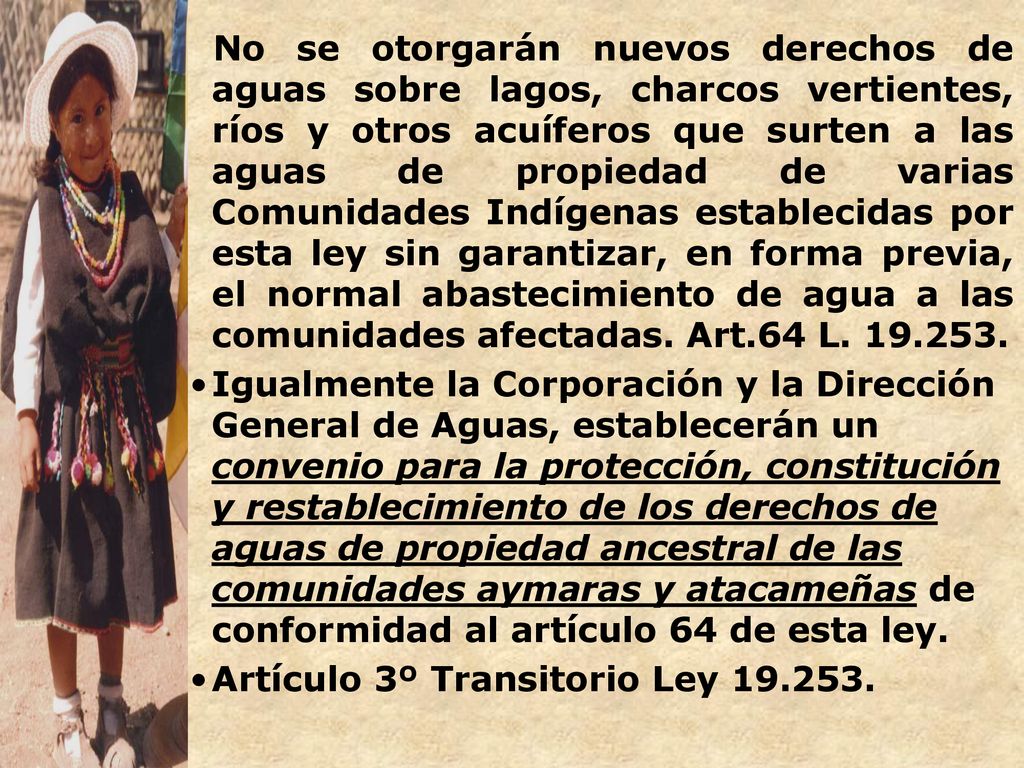No se otorgarán nuevos derechos de aguas sobre lagos, charcos vertientes, ríos y otros acuíferos que surten a las aguas de propiedad de varias Comunidades Indígenas establecidas por esta ley sin garantizar, en forma previa, el normal abastecimiento de agua a las comunidades afectadas. Art.64 L