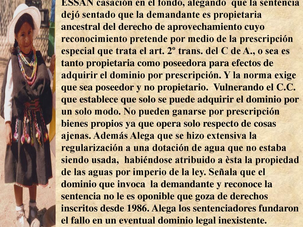 ESSAN casación en el fondo, alegando que la sentencia dejó sentado que la demandante es propietaria ancestral del derecho de aprovechamiento cuyo reconocimiento pretende por medio de la prescripción especial que trata el art.