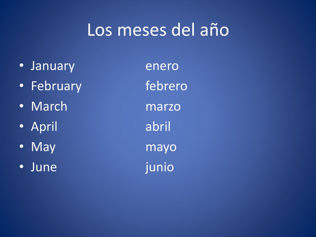 Los meses del año January enero February febrero March marzo