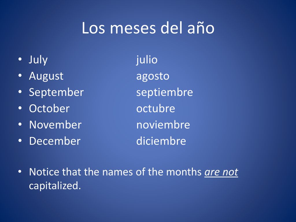 Los meses del año July julio August agosto September septiembre