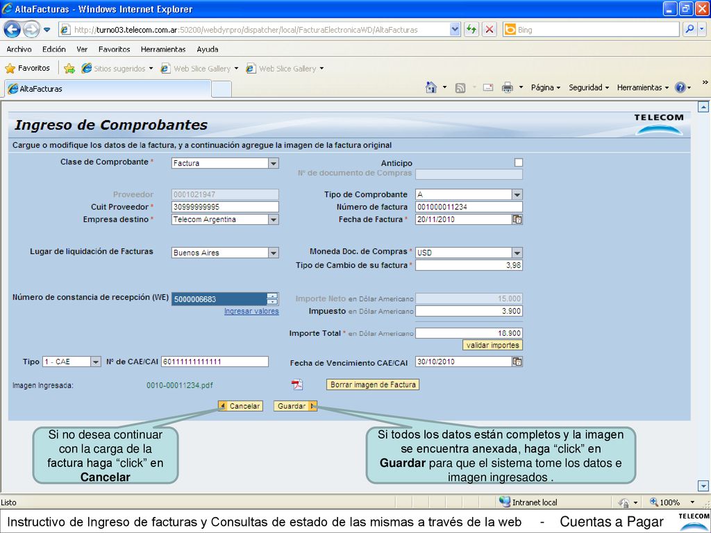 Si no desea continuar con la carga de la factura haga click en Cancelar