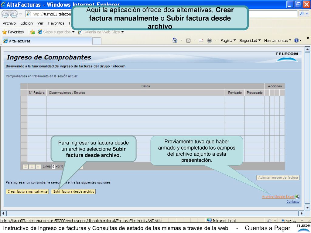 Aquí la aplicación ofrece dos alternativas, Crear factura manualmente o Subir factura desde archivo