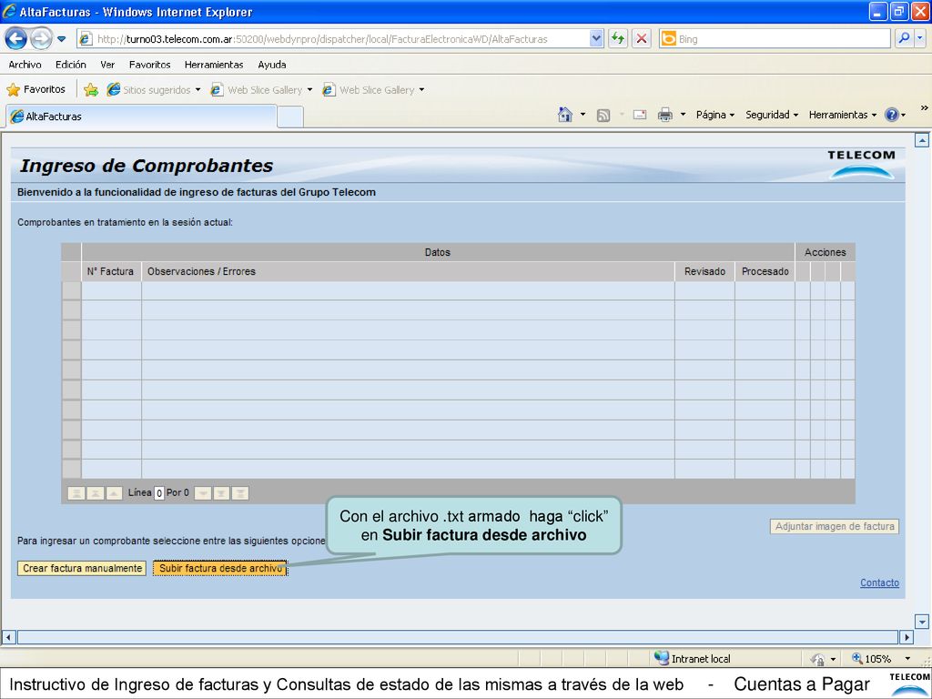 Con el archivo .txt armado haga click en Subir factura desde archivo