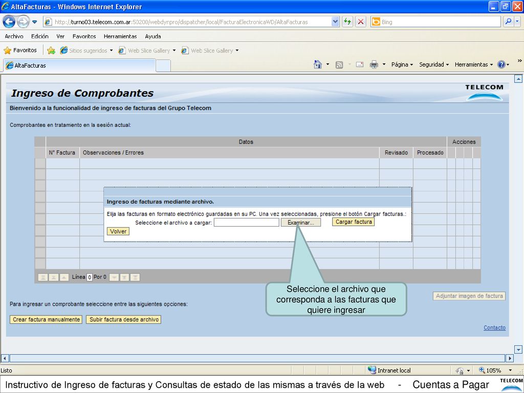 Seleccione el archivo que corresponda a las facturas que quiere ingresar