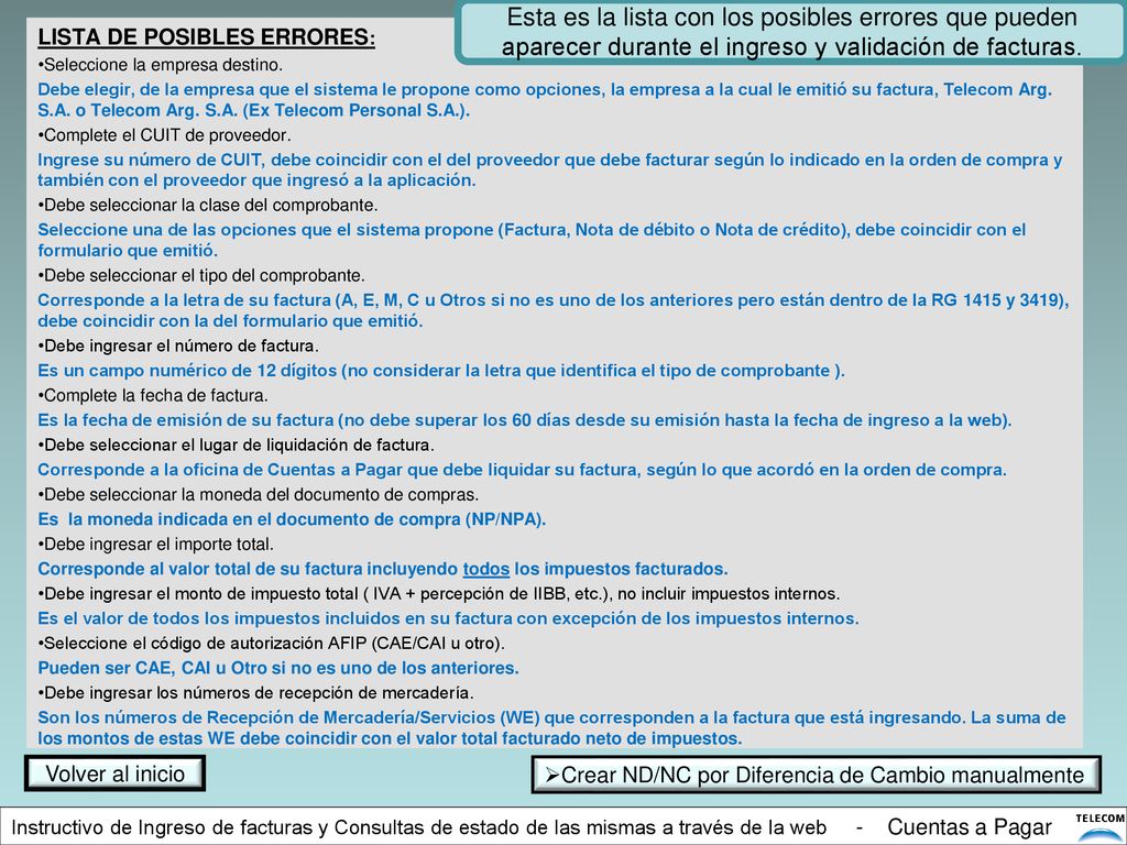Esta es la lista con los posibles errores que pueden aparecer durante el ingreso y validación de facturas.