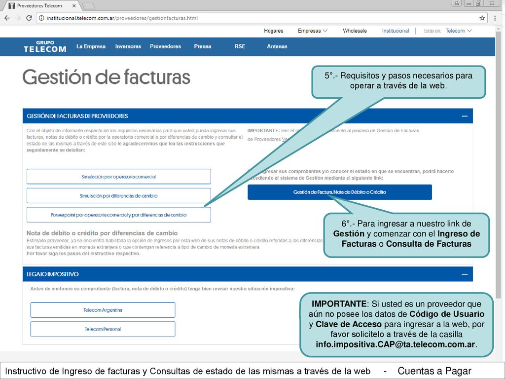 5°.- Requisitos y pasos necesarios para operar a través de la web.