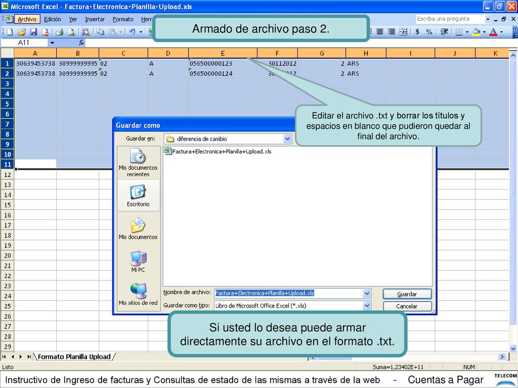 Armado de archivo paso 2. Editar el archivo .txt y borrar los títulos y espacios en blanco que pudieron quedar al final del archivo.