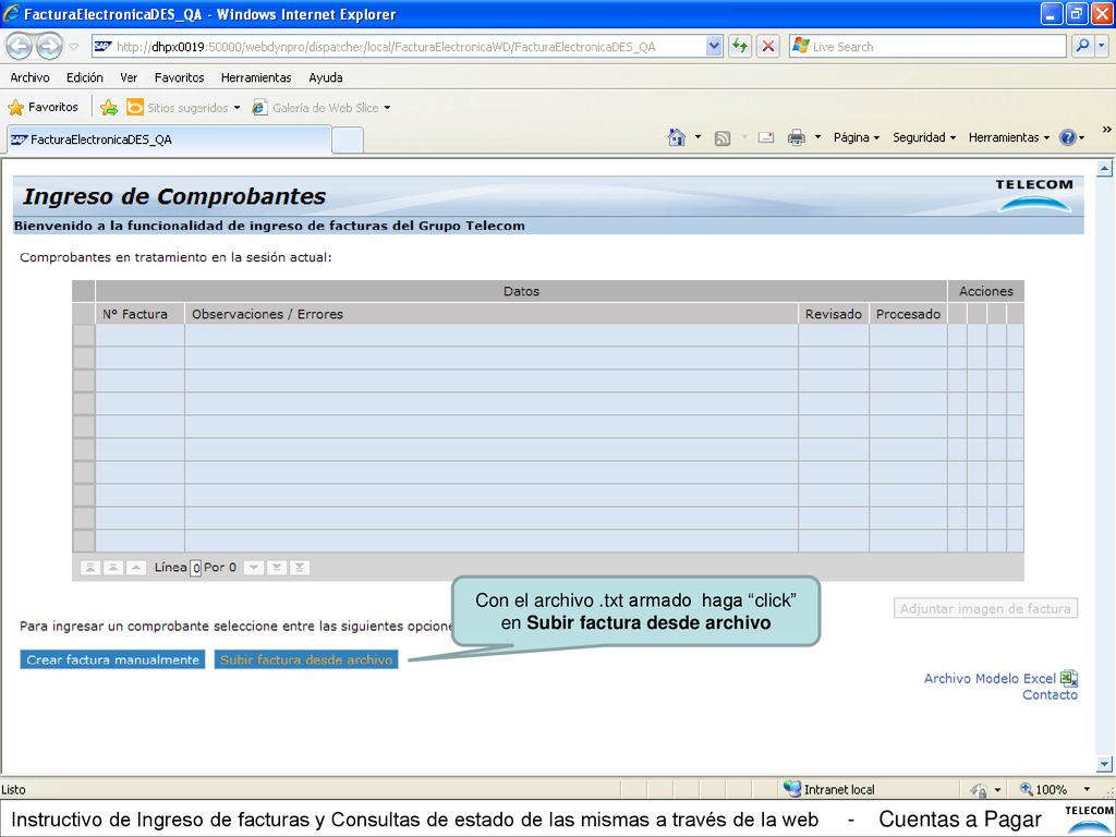 Con el archivo .txt armado haga click en Subir factura desde archivo