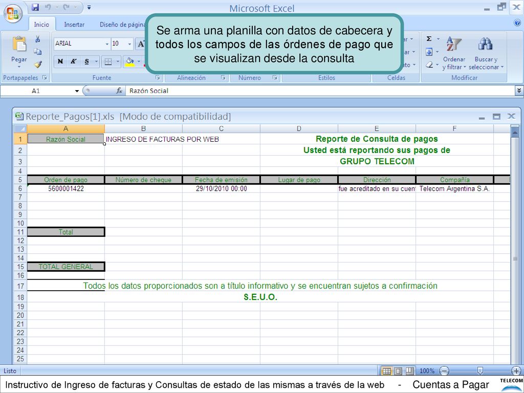 Se arma una planilla con datos de cabecera y todos los campos de las órdenes de pago que se visualizan desde la consulta