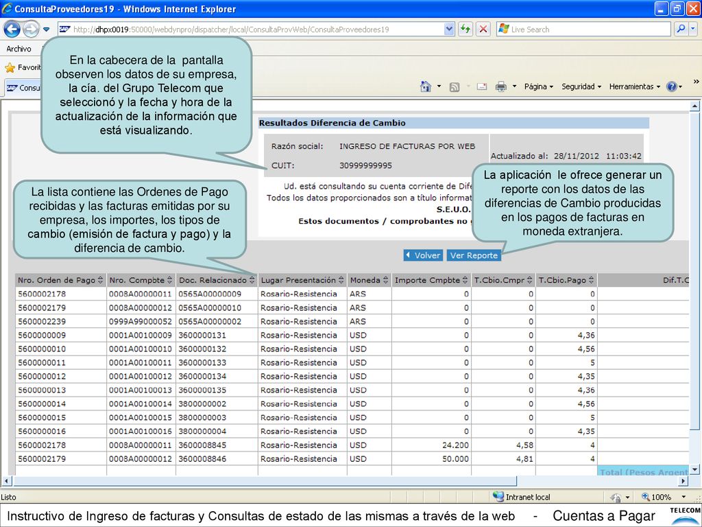 En la cabecera de la pantalla observen los datos de su empresa, la cía