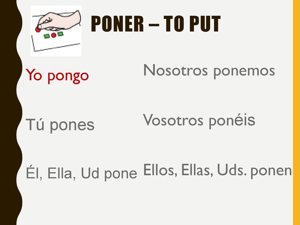 PONER – TO PUT Nosotros ponemos Vosotros ponéis Ellos, Ellas, Uds.