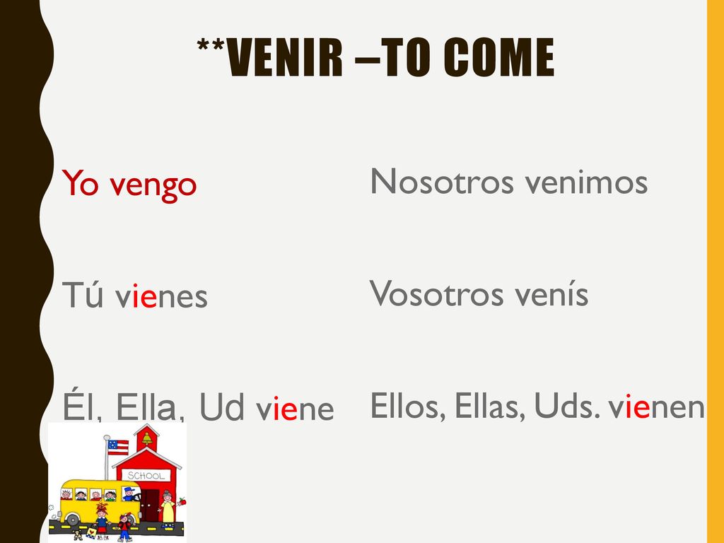 **VENiR –TO COME Yo vengo Tú vienes Él, Ella, Ud viene