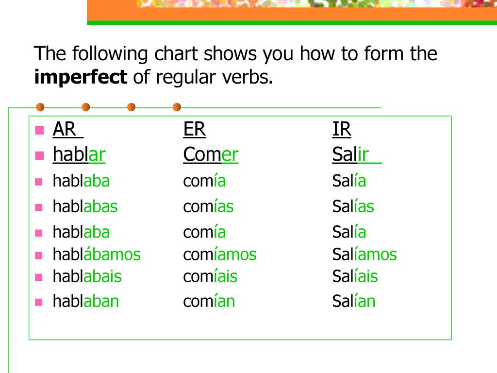 The following chart shows you how to form the imperfect of regular verbs.