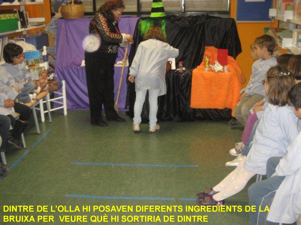 DINTRE DE L’OLLA HI POSAVEN DIFERENTS INGREDIENTS DE LA BRUIXA PER VEURE QUÈ HI SORTIRIA DE DINTRE