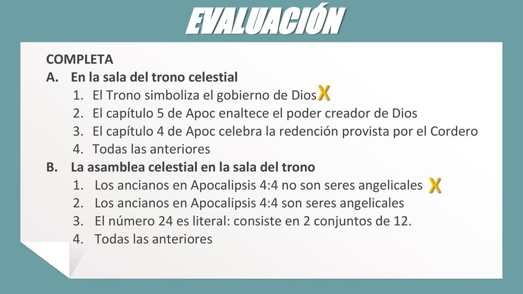 EVALUACIÓN X X COMPLETA A. En la sala del trono celestial
