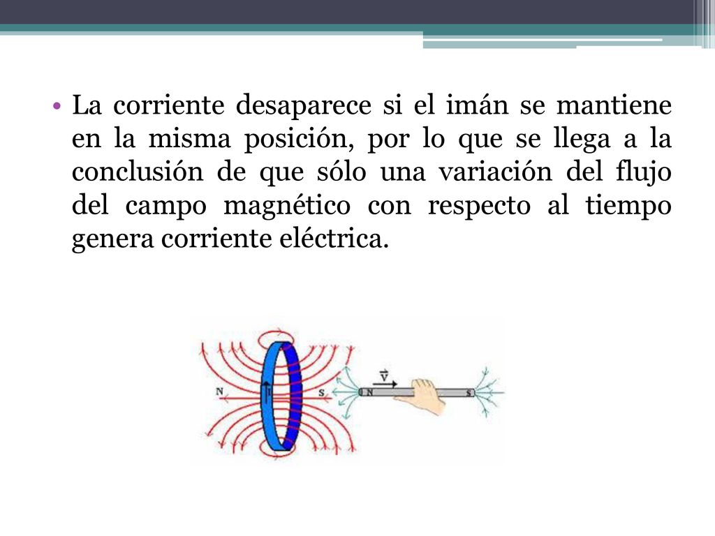 La corriente desaparece si el imán se mantiene en la misma posición, por lo que se llega a la conclusión de que sólo una variación del flujo del campo magnético con respecto al tiempo genera corriente eléctrica.
