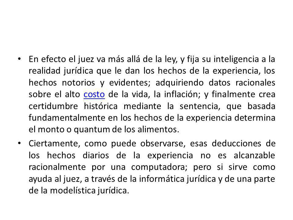 En efecto el juez va más allá de la ley, y fija su inteligencia a la realidad jurídica que le dan los hechos de la experiencia, los hechos notorios y evidentes; adquiriendo datos racionales sobre el alto costo de la vida, la inflación; y finalmente crea certidumbre histórica mediante la sentencia, que basada fundamentalmente en los hechos de la experiencia determina el monto o quantum de los alimentos.