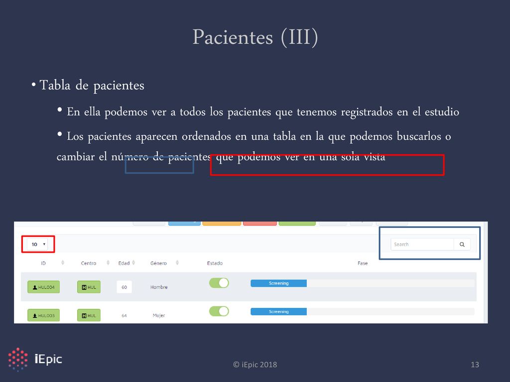 Pacientes (III) Tabla de pacientes. En ella podemos ver a todos los pacientes que tenemos registrados en el estudio.