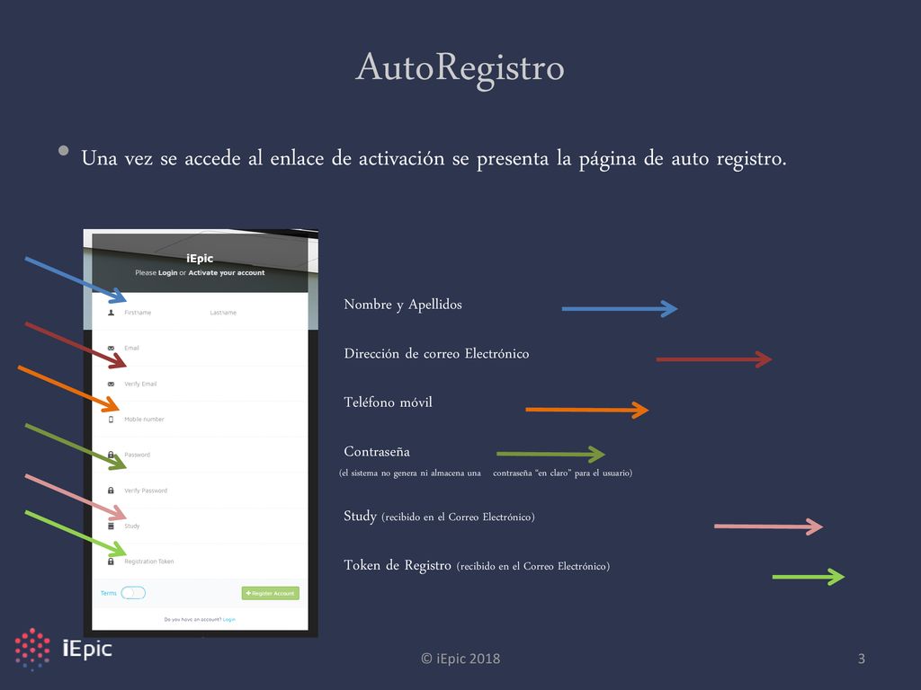 AutoRegistro Una vez se accede al enlace de activación se presenta la página de auto registro. Nombre y Apellidos.