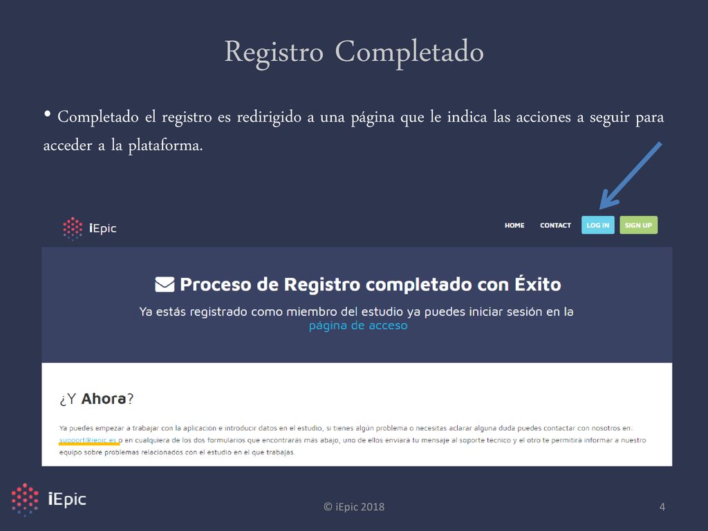 Registro Completado Completado el registro es redirigido a una página que le indica las acciones a seguir para acceder a la plataforma.