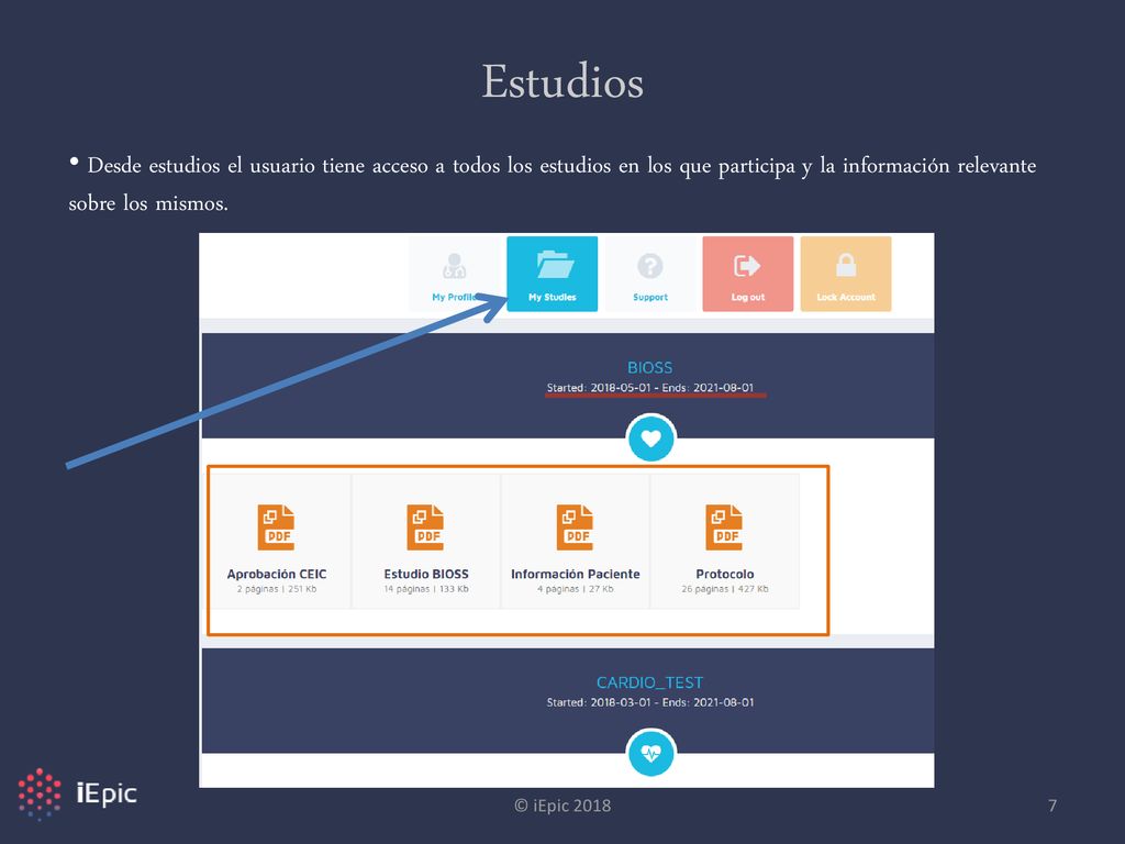 Estudios Desde estudios el usuario tiene acceso a todos los estudios en los que participa y la información relevante sobre los mismos.