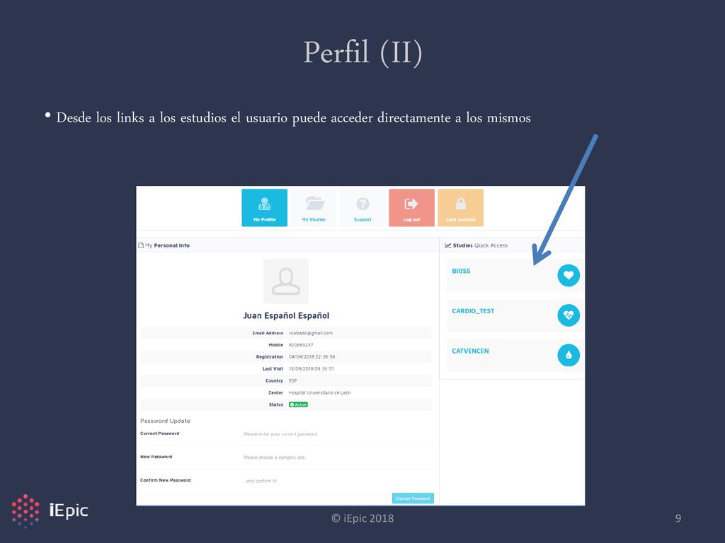Perfil (II) Desde los links a los estudios el usuario puede acceder directamente a los mismos.