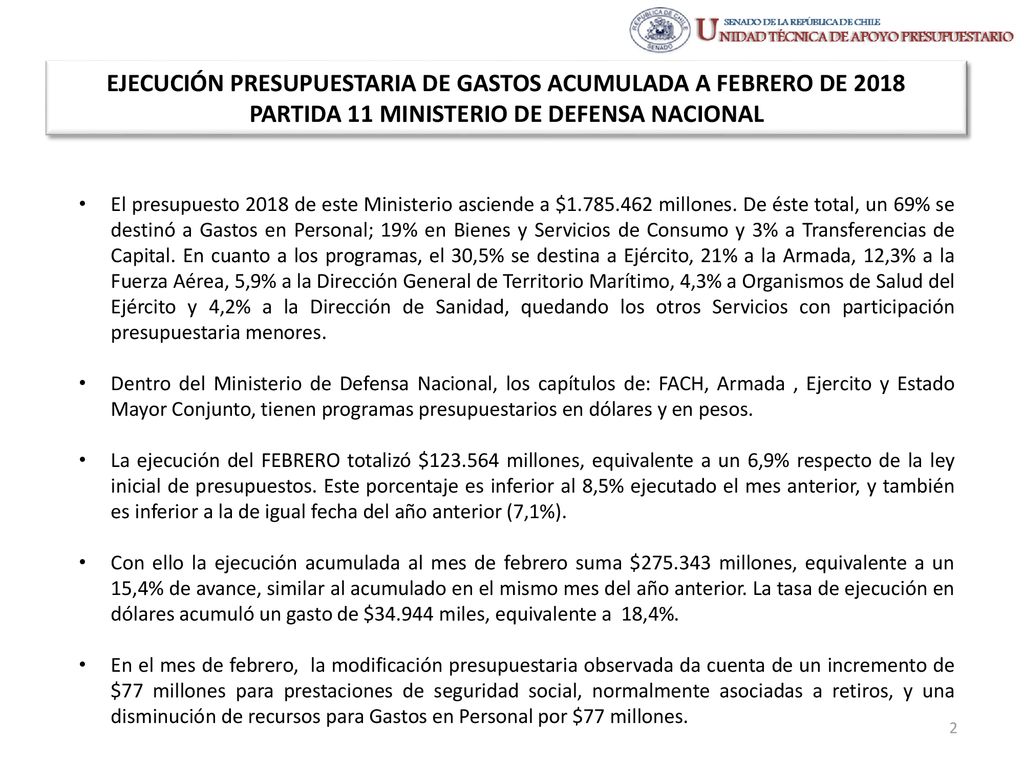 EJECUCIÓN PRESUPUESTARIA DE GASTOS ACUMULADA A FEBRERO DE 2018 PARTIDA 11 MINISTERIO DE DEFENSA NACIONAL