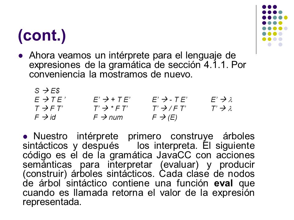 (cont.) Ahora veamos un intérprete para el lenguaje de expresiones de la gramática de sección Por conveniencia la mostramos de nuevo.