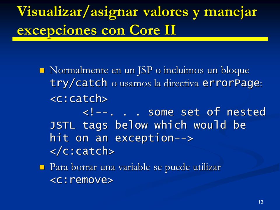 Visualizar/asignar valores y manejar excepciones con Core II