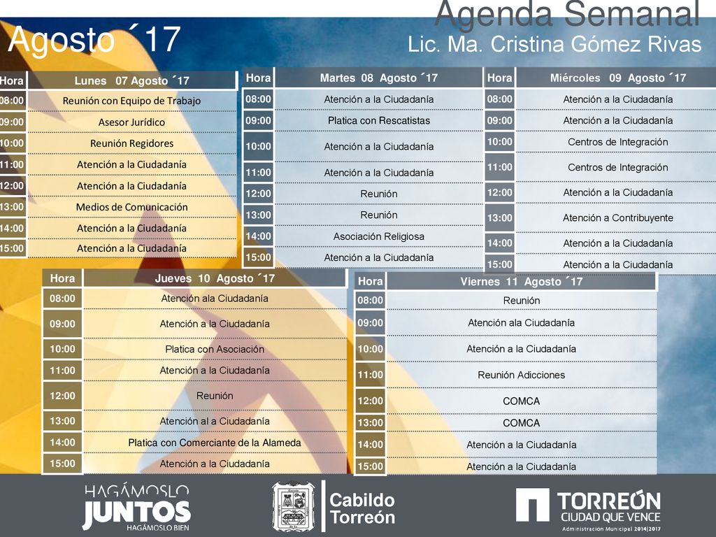 Agenda Semanal Agosto ´17 Lic. Ma. Cristina Gómez Rivas Cabildo