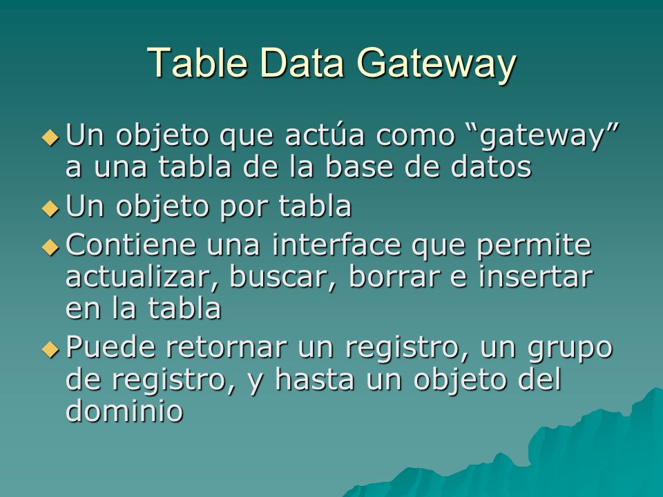 Table Data Gateway Un objeto que actúa como gateway a una tabla de la base de datos. Un objeto por tabla.