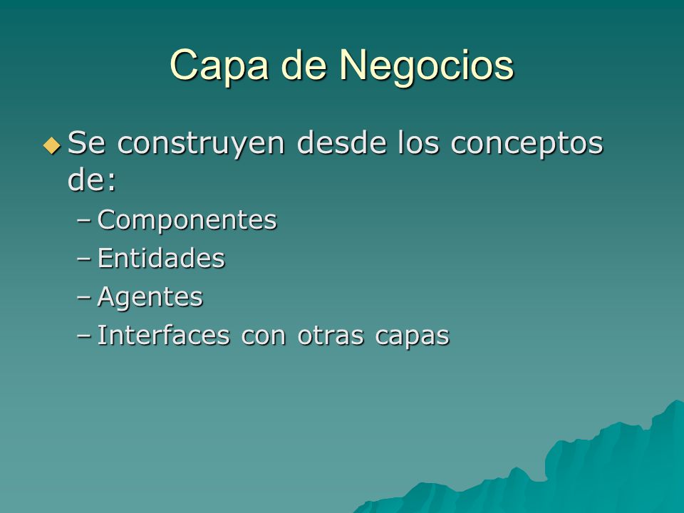 Capa de Negocios Se construyen desde los conceptos de: Componentes