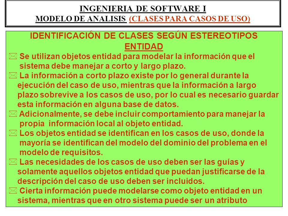 INGENIERIA DE SOFTWARE I MODELO DE ANALISIS (CLASES PARA CASOS DE USO)