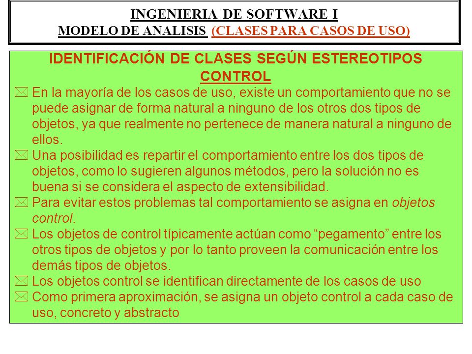 INGENIERIA DE SOFTWARE I MODELO DE ANALISIS (CLASES PARA CASOS DE USO)