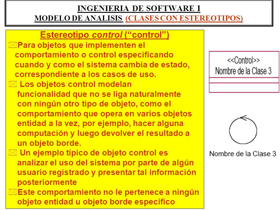 INGENIERIA DE SOFTWARE I MODELO DE ANALISIS (CLASES CON ESTEREOTIPOS)
