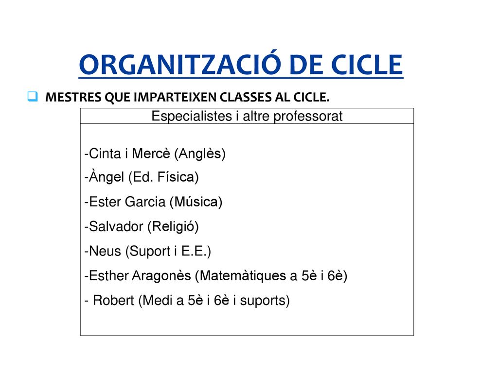 Especialistes i altre professorat