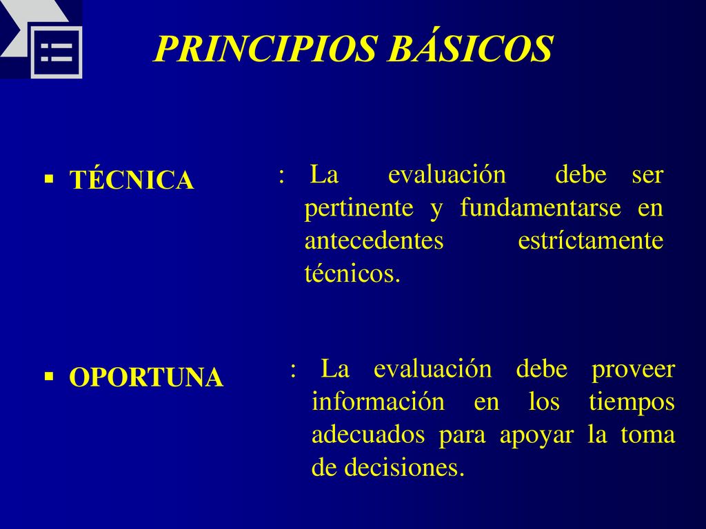 PRINCIPIOS BÁSICOS : La evaluación debe ser pertinente y fundamentarse en antecedentes estríctamente técnicos.
