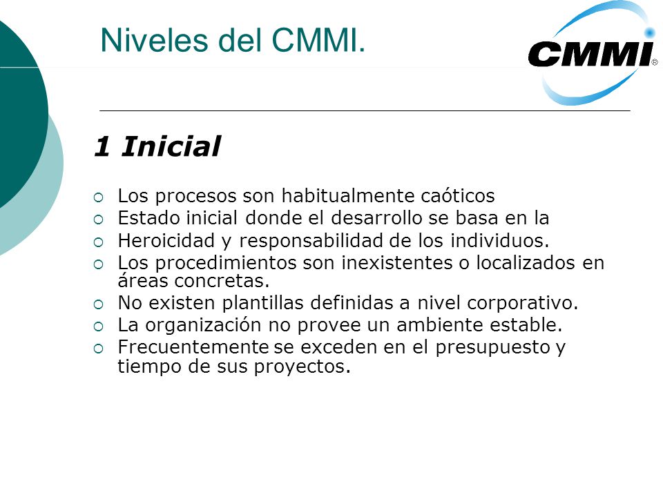 Niveles del CMMI. 1 Inicial Los procesos son habitualmente caóticos