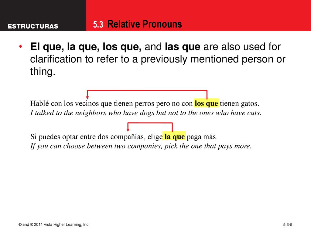 09/28/09 El que, la que, los que, and las que are also used for clarification to refer to a previously mentioned person or thing.