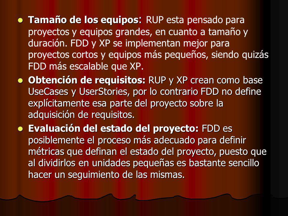 Tamaño de los equipos: RUP esta pensado para proyectos y equipos grandes, en cuanto a tamaño y duración. FDD y XP se implementan mejor para proyectos cortos y equipos más pequeños, siendo quizás FDD más escalable que XP.