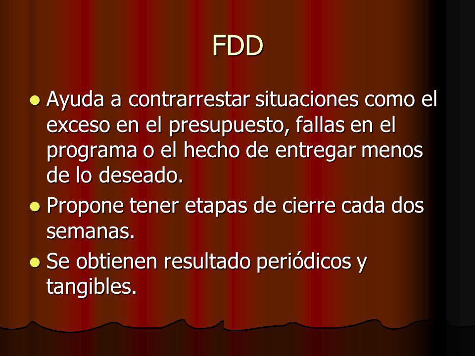 FDD Ayuda a contrarrestar situaciones como el exceso en el presupuesto, fallas en el programa o el hecho de entregar menos de lo deseado.