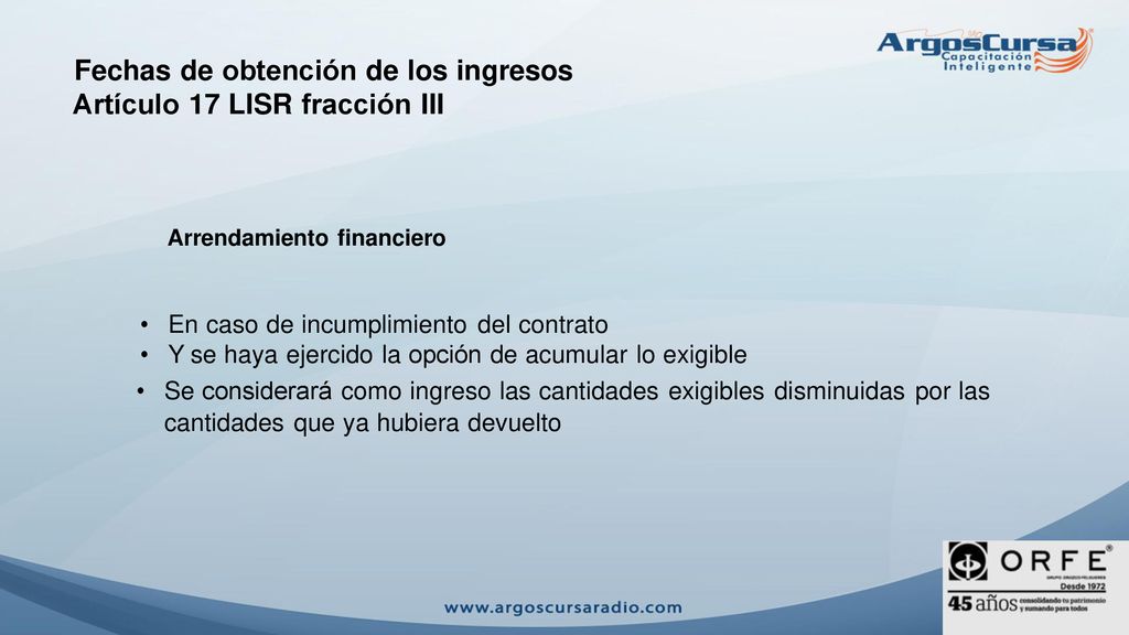 Fechas de obtención de los ingresos Artículo 17 LISR fracción III