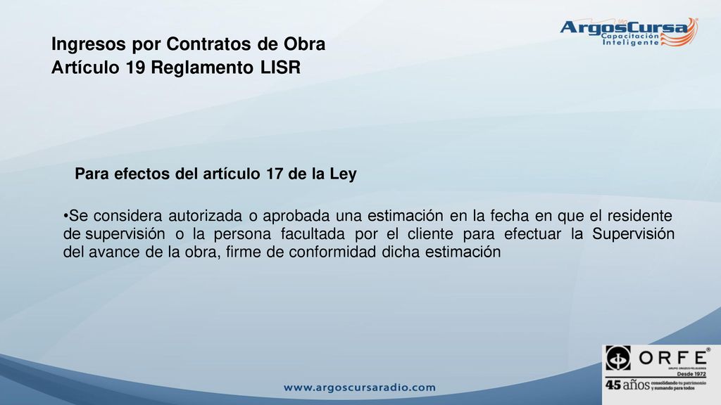 Ingresos por Contratos de Obra Artículo 19 Reglamento LISR