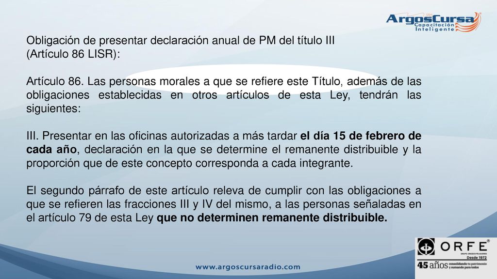 Obligación de presentar declaración anual de PM del título III