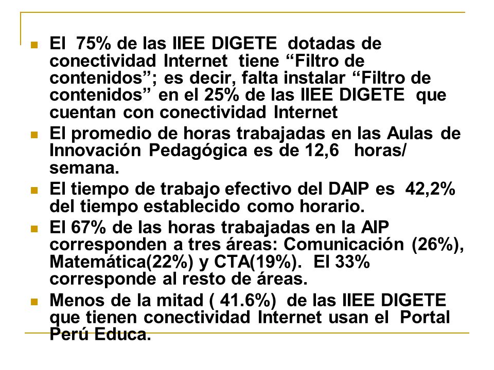 El 75% de las IIEE DIGETE dotadas de conectividad Internet tiene Filtro de contenidos ; es decir, falta instalar Filtro de contenidos en el 25% de las IIEE DIGETE que cuentan con conectividad Internet