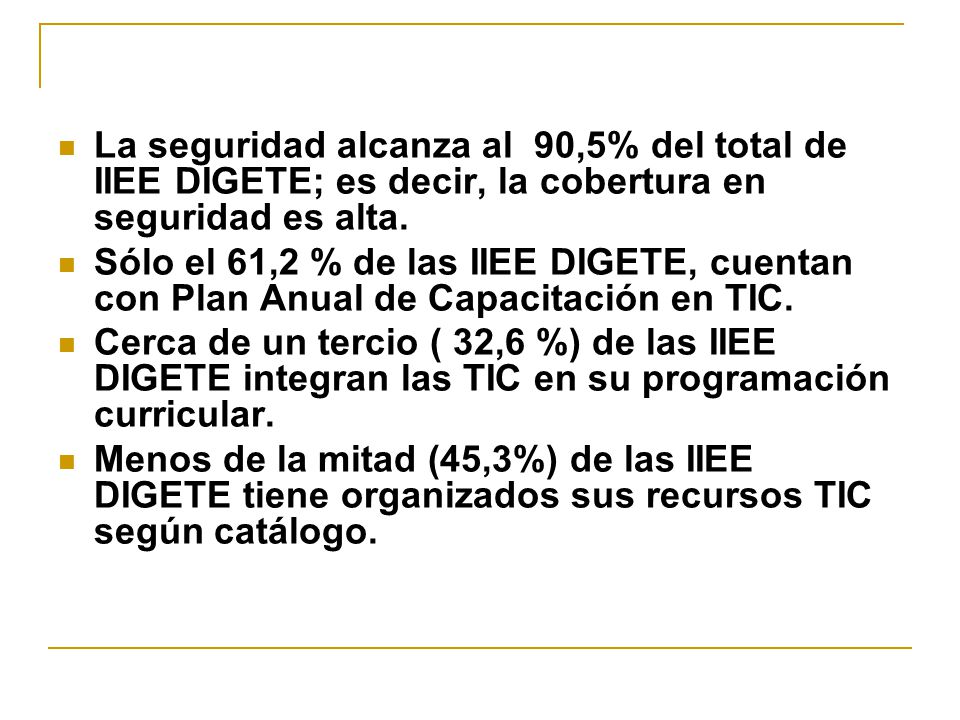 La seguridad alcanza al 90,5% del total de IIEE DIGETE; es decir, la cobertura en seguridad es alta.