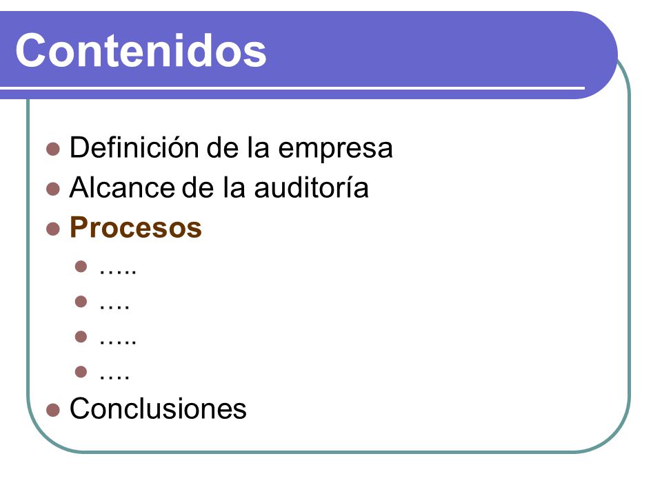 Contenidos Definición de la empresa Alcance de la auditoría Procesos