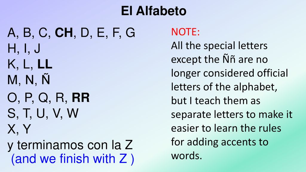 El Alfabeto A, B, C, CH, D, E, F, G H, I, J K, L, LL M, N, Ñ