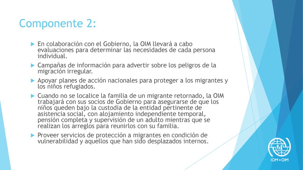 Componente 2: En colaboración con el Gobierno, la OIM llevará a cabo evaluaciones para determinar las necesidades de cada persona individual.